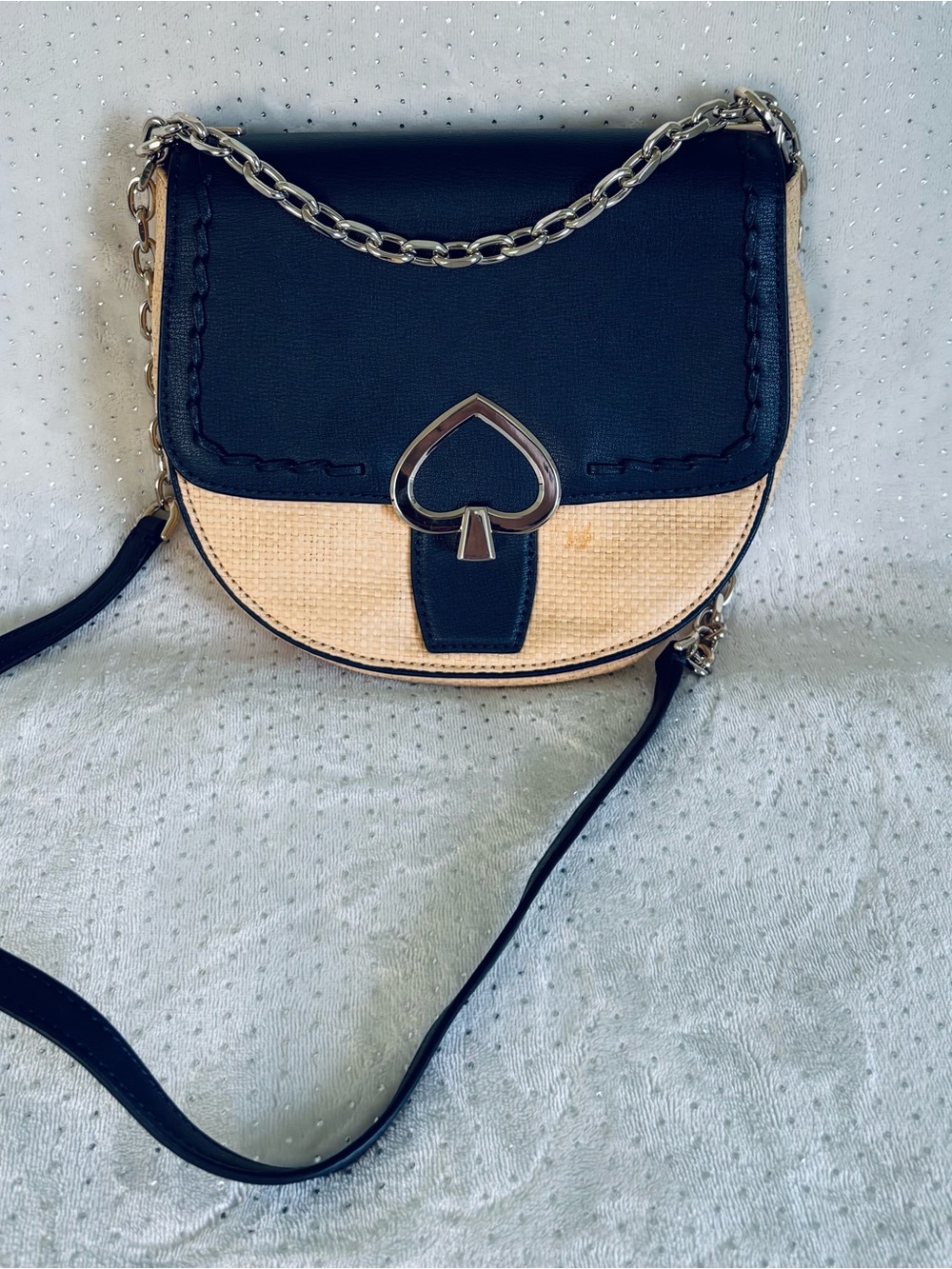 Kate Spade ‘Robyn’ Medium Chain Crossbody Bag Navy Leather and Woven Straw